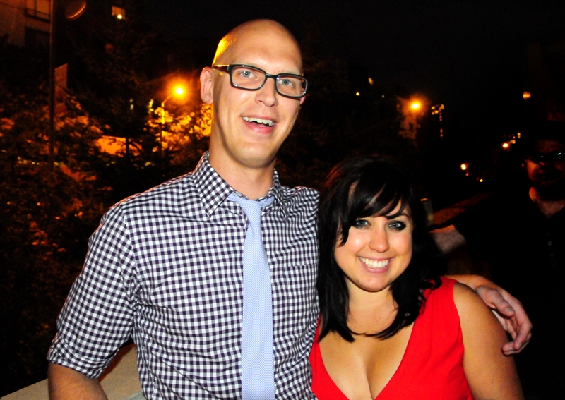 Josh Santangelo (with Megan Baer) wears gingham shirt and tie.