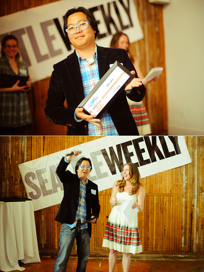 Cheezbuger Network's Ben Huh accepting the awards for Seattle's Favorite Meme - LOLcats - and Most Shameless Self-Promoter (his second win in a row in this category!)
