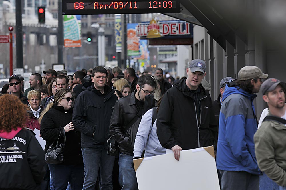 Fans line the waterfront for Deadliest Catch Con at the Bell Harbor Conference Center on Saturday morning April 9, 2011, in Seattle, Wash.