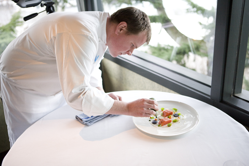 Chef jason Franey plates the smoked salmon.