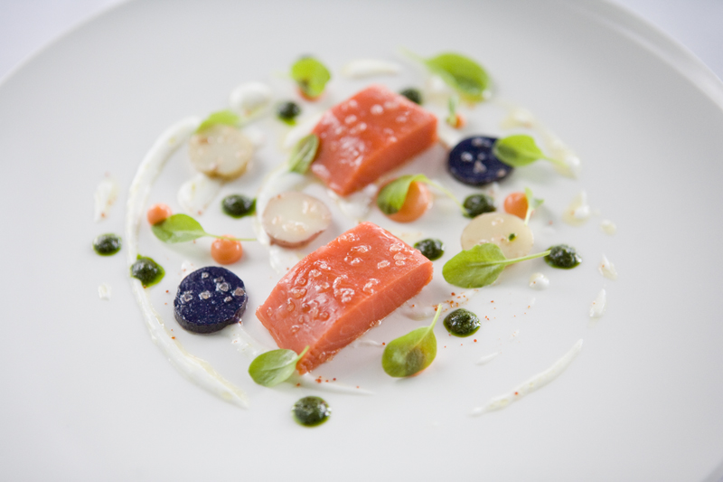 Smoked Sockeye Salmon: with yogurt, sorrel and lobster coral.