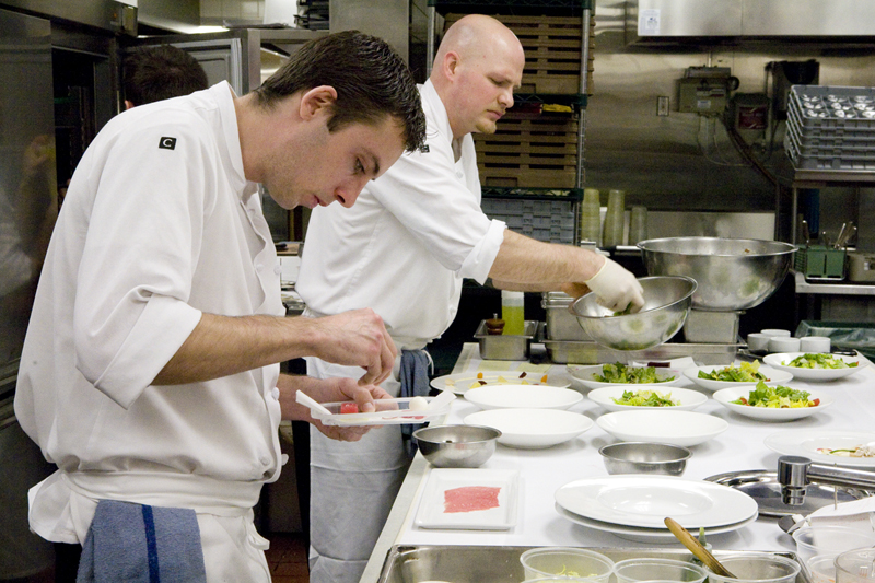 In the spotless kitchen.