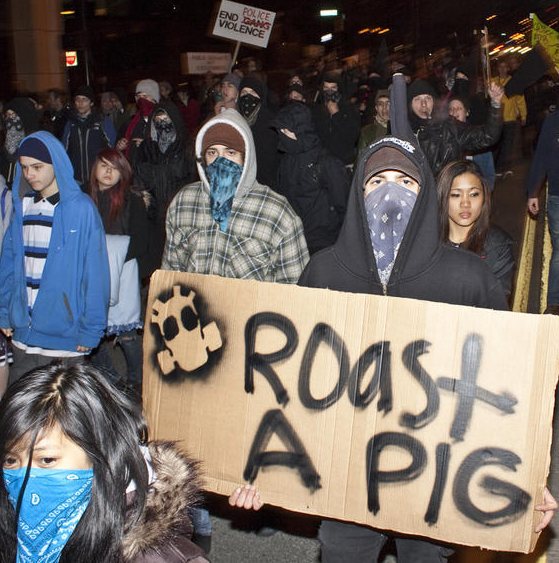 At a Police Brutality Riot protesting Ian Birk escaping charges, participants spit at and threatened Seattle Weekly's photographer, Joe Dyer.