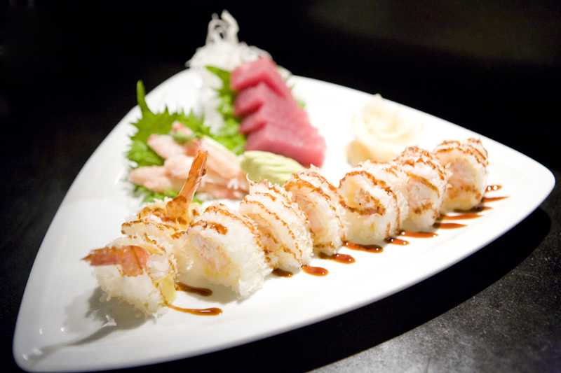 Sushi Roll: Ponies and Rainbows -tempura shrimp and crab salad covered with tenkasu and eel sauce, wrapped in mamenoriTuna Sashimi Kani Sashimi