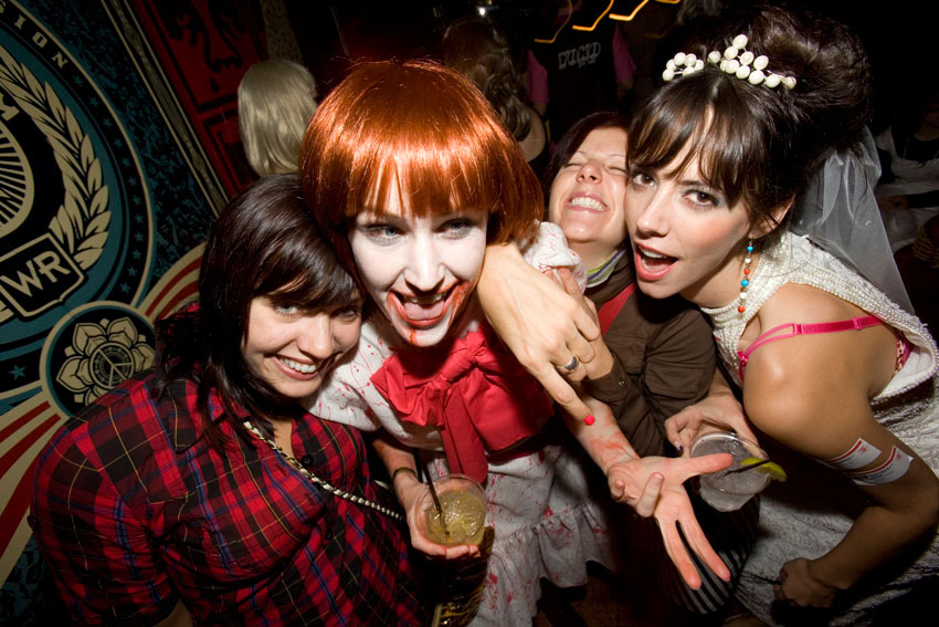 Jenny, Caroline, Missy and Alissa stay dry inside the War Room.