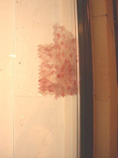 My favorite work of the evening, composed by Ariana Page Russell. Scallops in various shades of pink are layered over each other on the wall, while translucent temporary tattoos are affixed to the window of Platform.