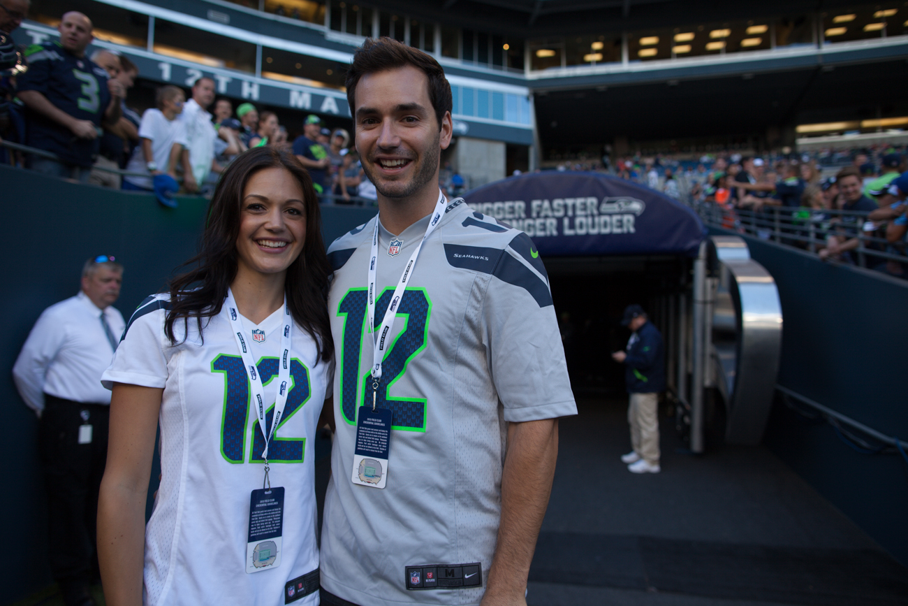 The latest couple from the Bachorlette series, Desiree Hartsock and her fiance Chris Siegfried pose for the camera before the game began.