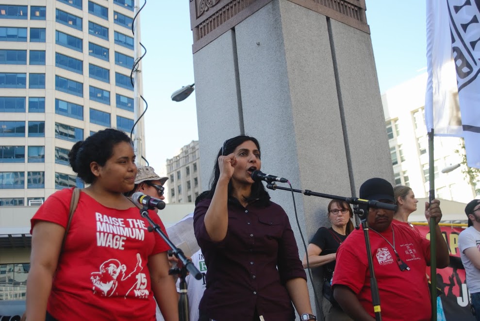 Sawant rallies her supporters at Westlake. Photo by Tom James