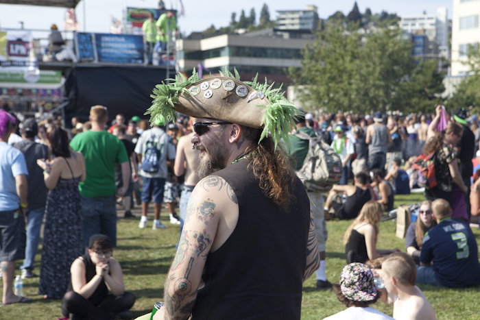 Many Hempfest attendees dressed up in marijuana leaf apparel to show their support. Photo by Anna Erickson