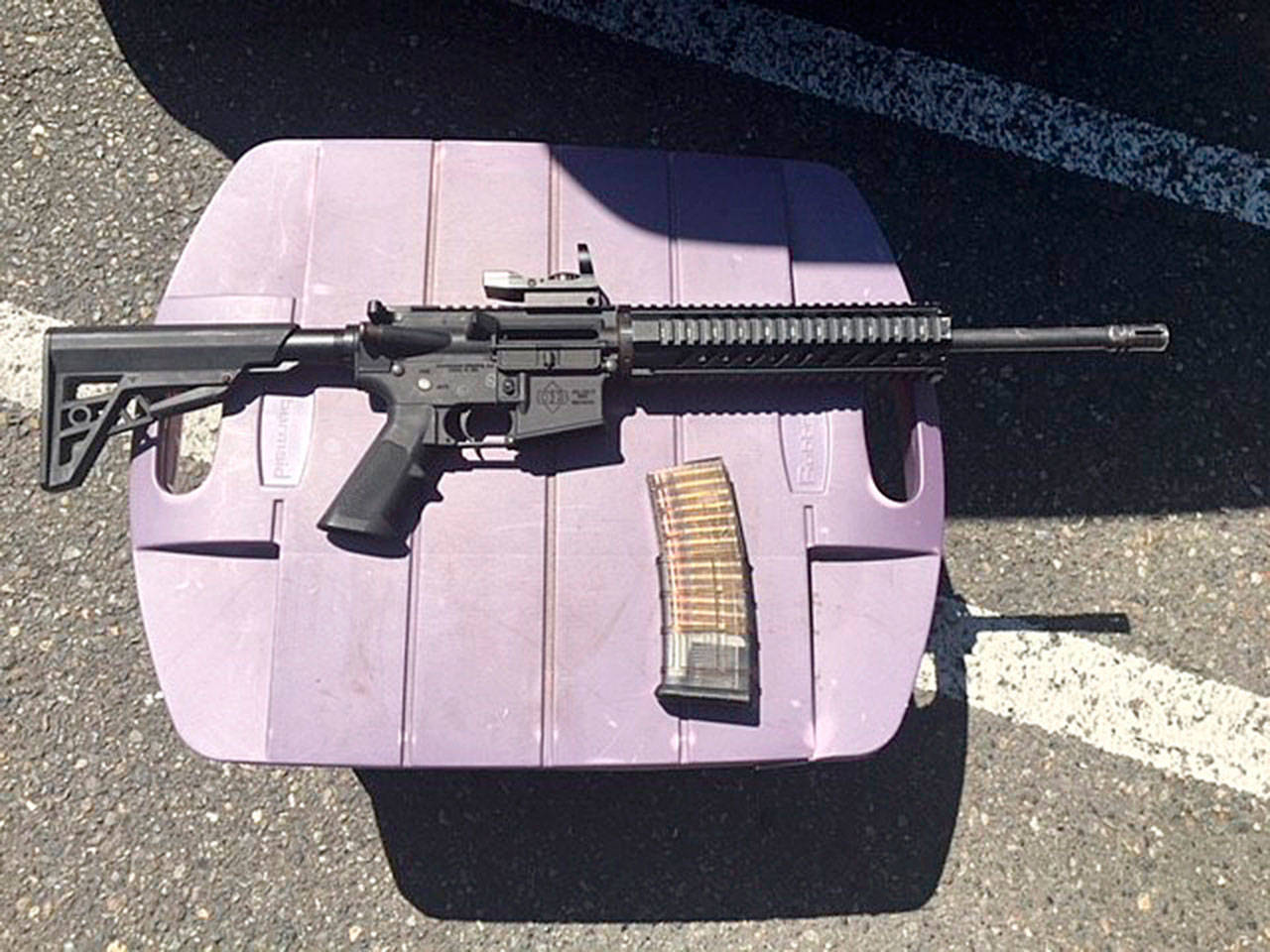 AR-15 rifle and a loaded magazine that were recovered from a suspect in a shooting incident at the Kent Station parking garage. Photo courtesy of King County Sheriff’s Office