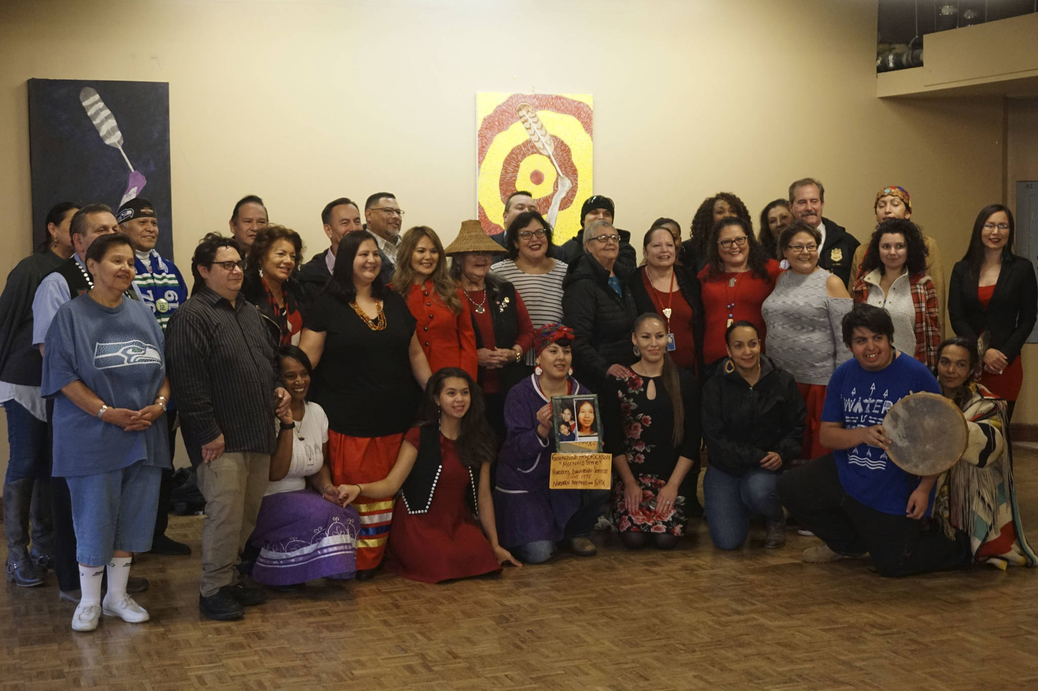 Attendees gather after the Dec. 21, 2018 meeting at Seattle’s Daybreak Star Indian Cultural Center.
