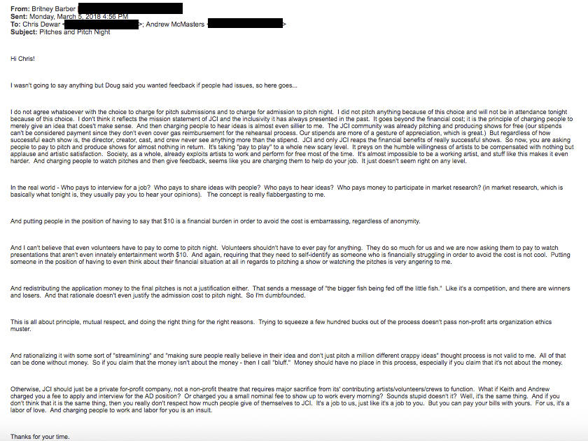Britney Barber’s Pitch Night feedback email to Chris Dewar.