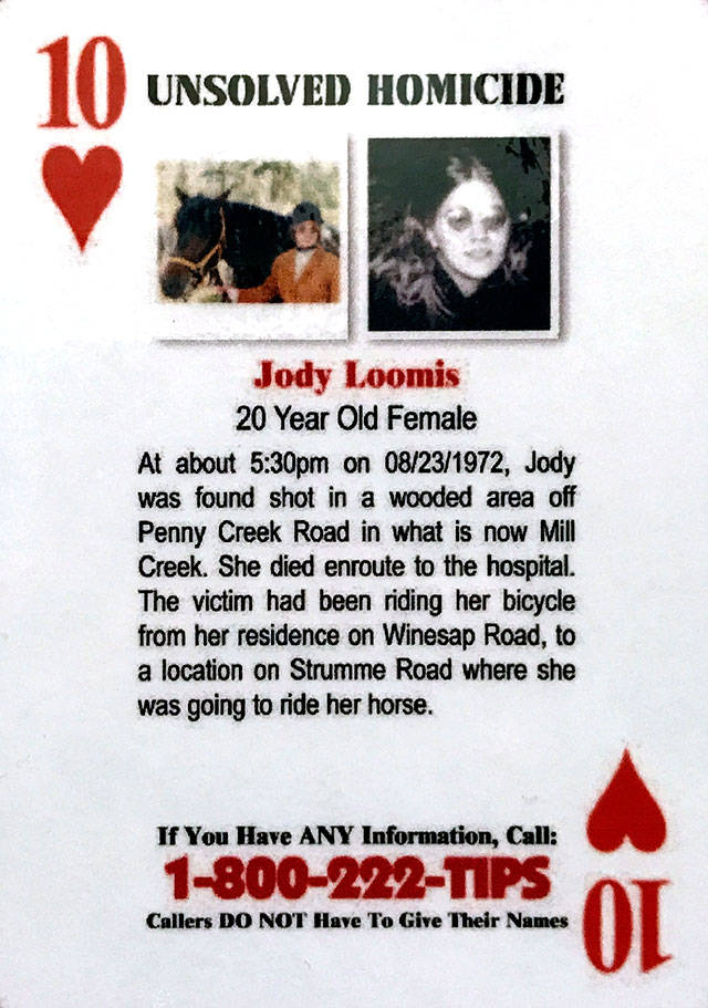 The case of Jody Loomis was highlighted in a deck of cold-case playing cards created by the Snohomish County Sheriff’s Office in 2008. (Snohomish County Sheriff’s Office)