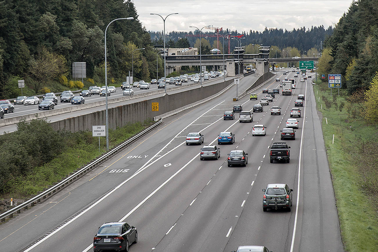 Heading north after leaving the Mountlake Terrace Transit Center, the light rail track will cross to the west side of I-5. Trees on both sides of the highway here will be heavily impacted by the buildout. (Lizz Giordano / The Herald)