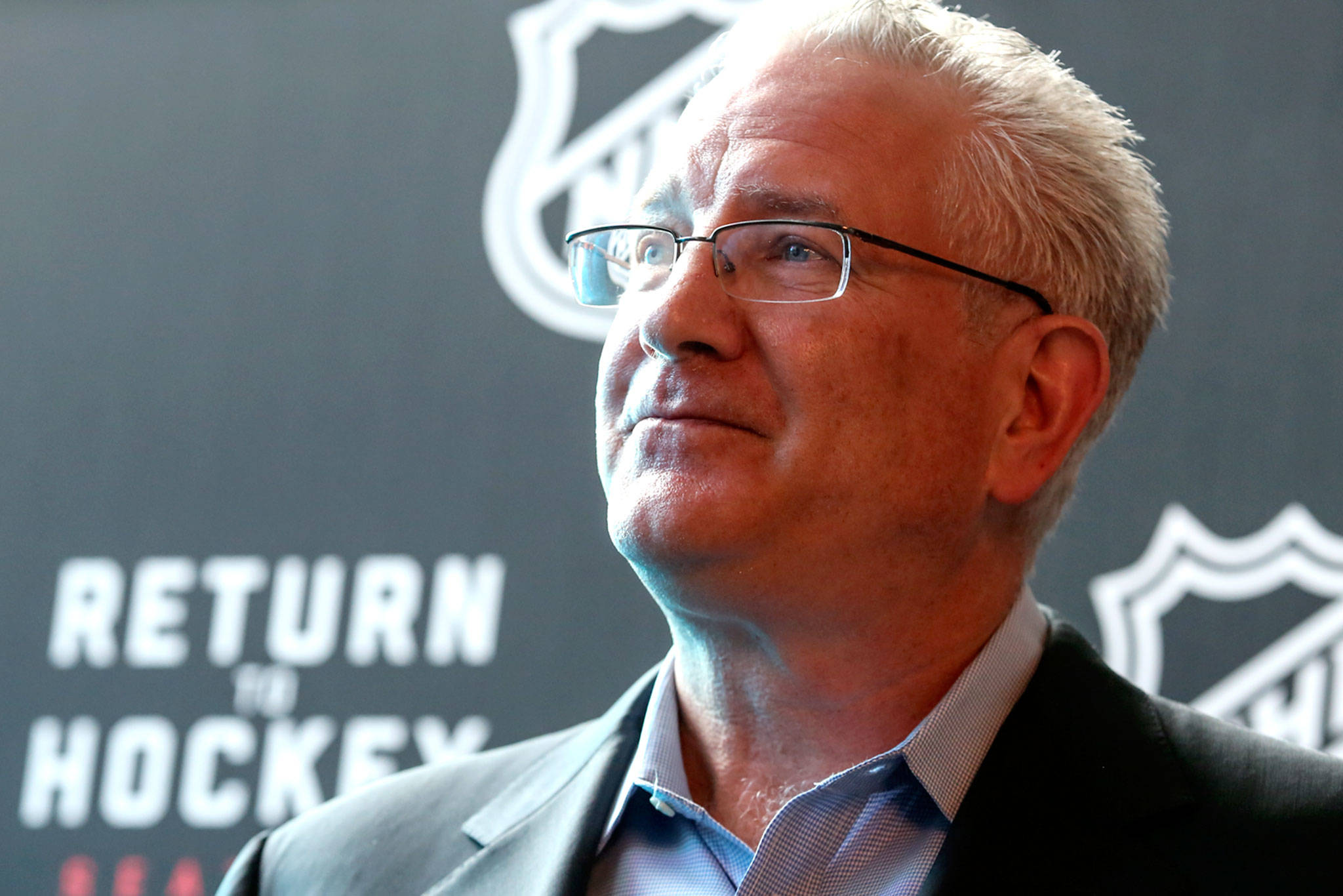 NHL Seattle president and CEO Tod Leiweke fields questions during media day on April 18, 2019, in Seattle. (Kevin Clark / The Herald)
