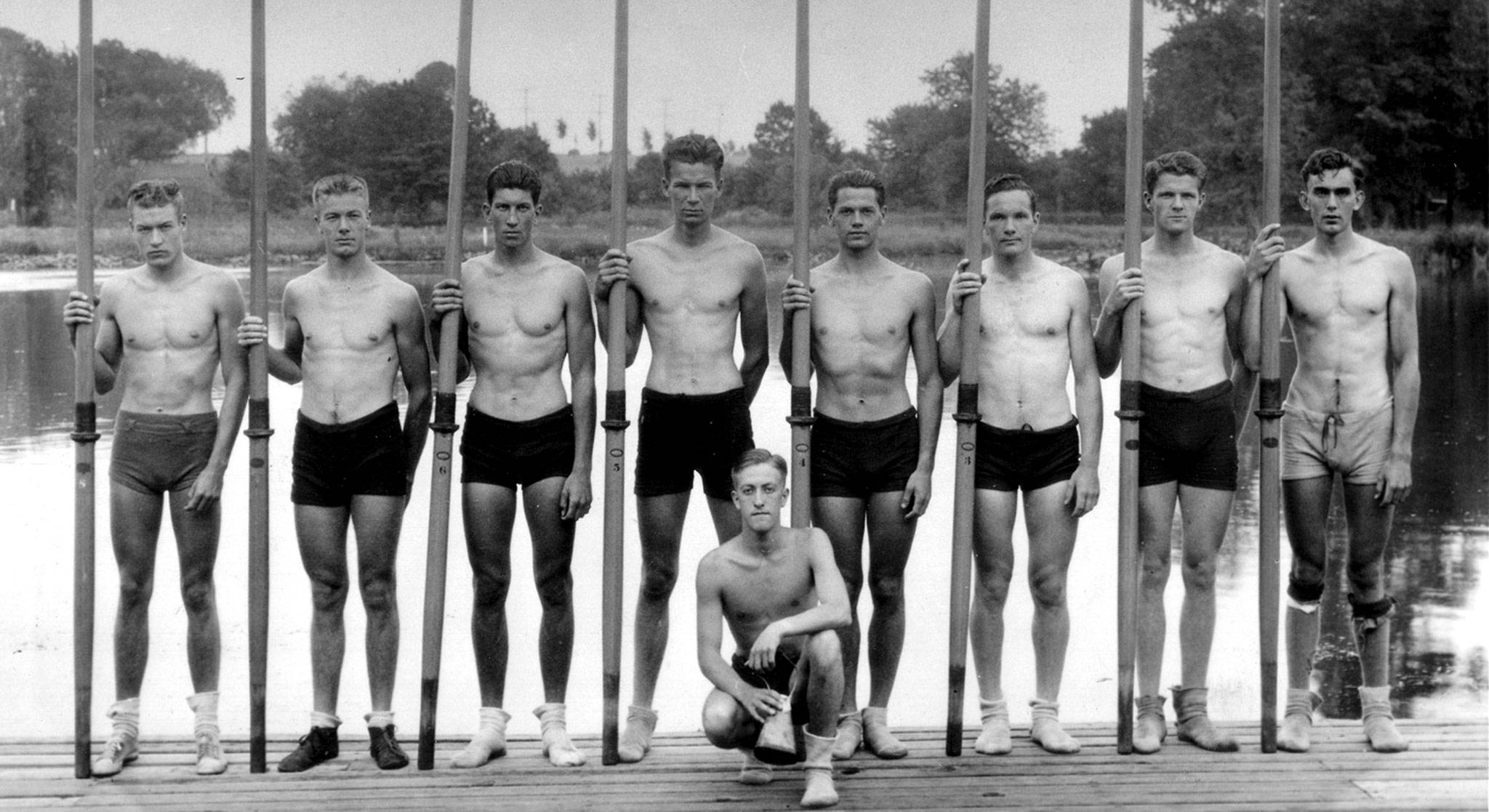 The 1936 University of Washington crew team who went on to win the goal medal at the Berlin Olympics. Joe Rantz is standing second from the left. (Jen Huffman)