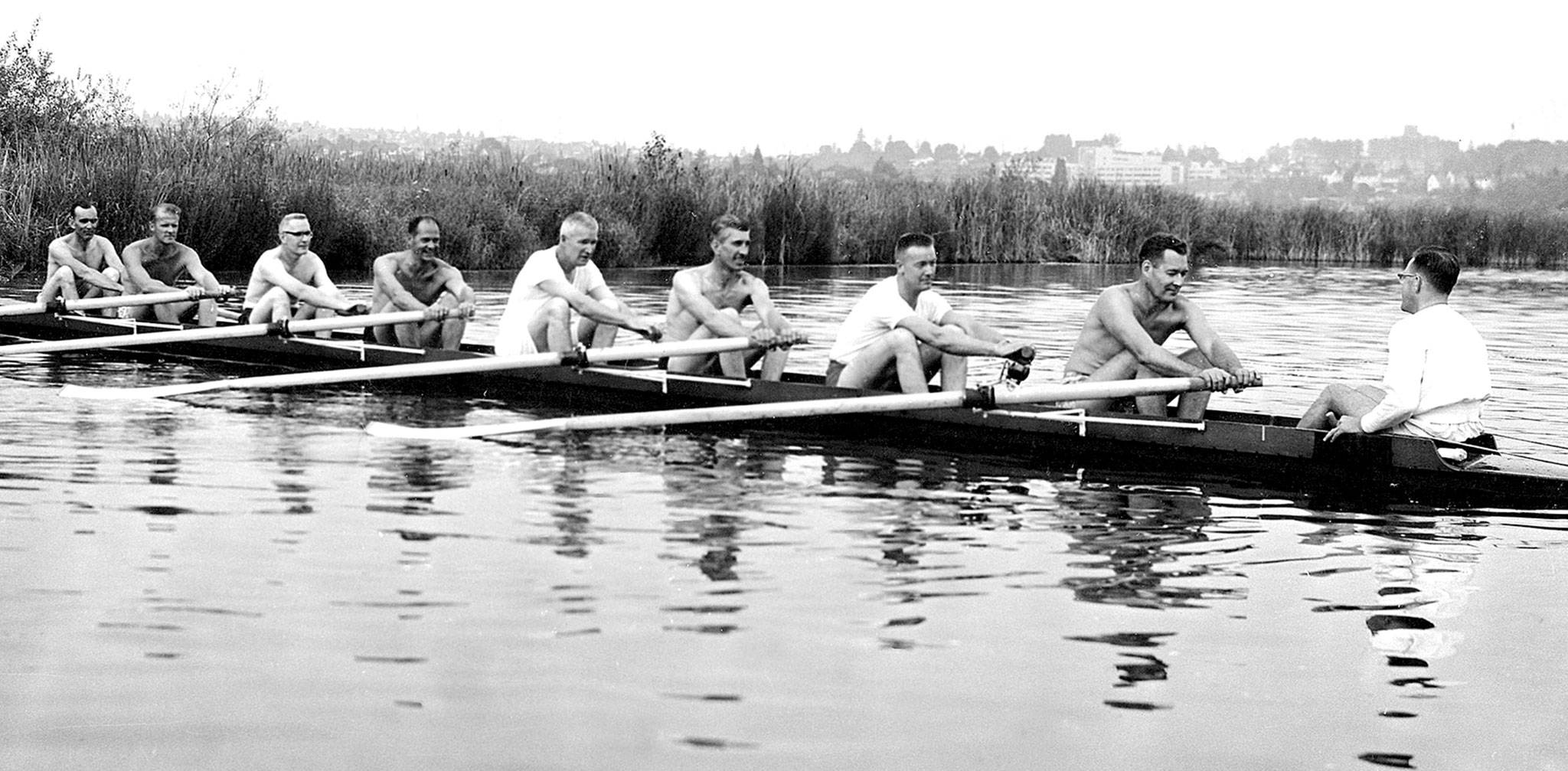 During a reunion of the 1936 Olympics crew, Joe Rantz (third from right) rows on Lake Washington with his teammates. (University of Washington Archive)