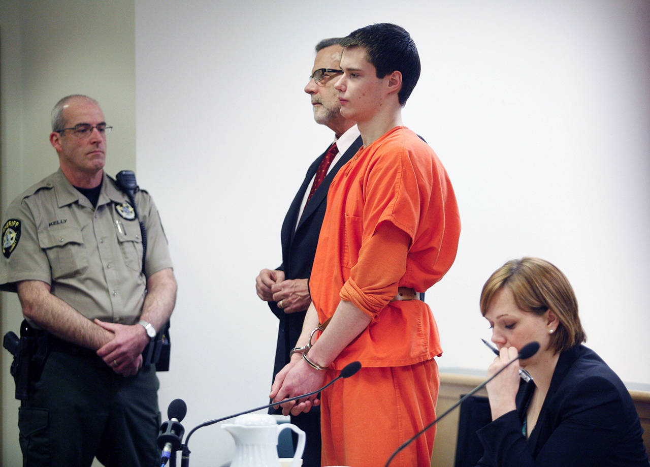 Colton Harris-Moore enters Island County Superior Court to enter a guilty plea to 15 charges and an Alford Plea to one firearms charge in Coupeville on Dec. 16, 2011. (Mark Mulligan / Herald file)