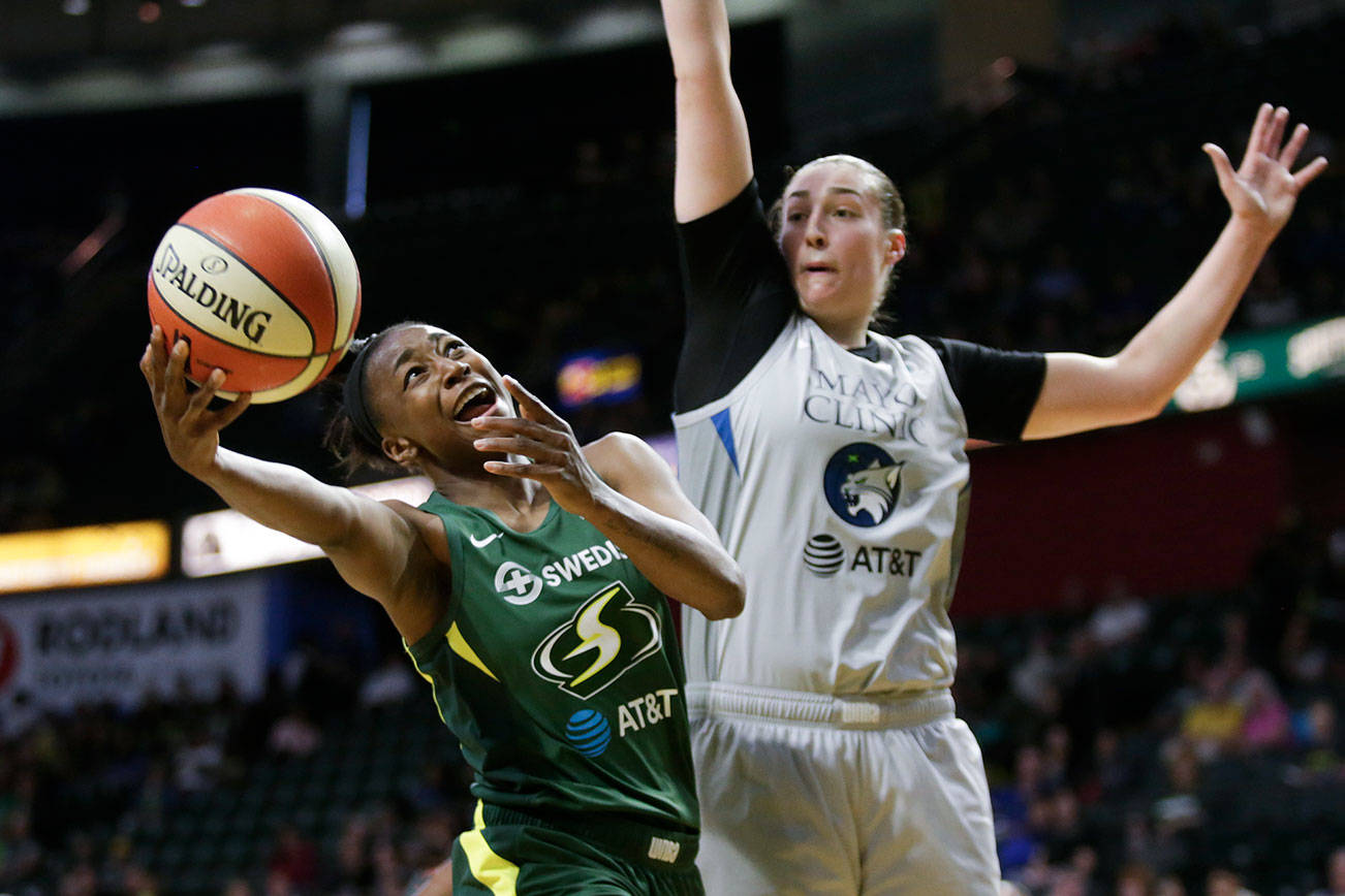 Seattle Storm’s Jewell Loyd leans out for a shot as the Seattle Storm took on the Minnesota Lynx at the Angle of the Winds Arena on Tuesday, June 4, 2019 in Everett, Wash. (Andy Bronson / The Herald)