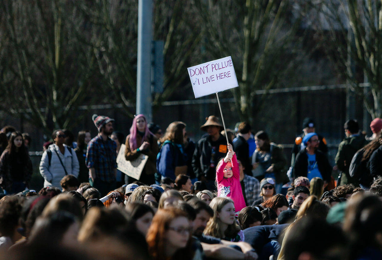 A young girl holds up a ‘Don’t Pollute I Live Here’ sign in the crowd during the Youth Climate Strike at Cal Anderson Park on Friday, March 15, 2019 in Seattle, Wash. (Olivia Vanni / The Herald)