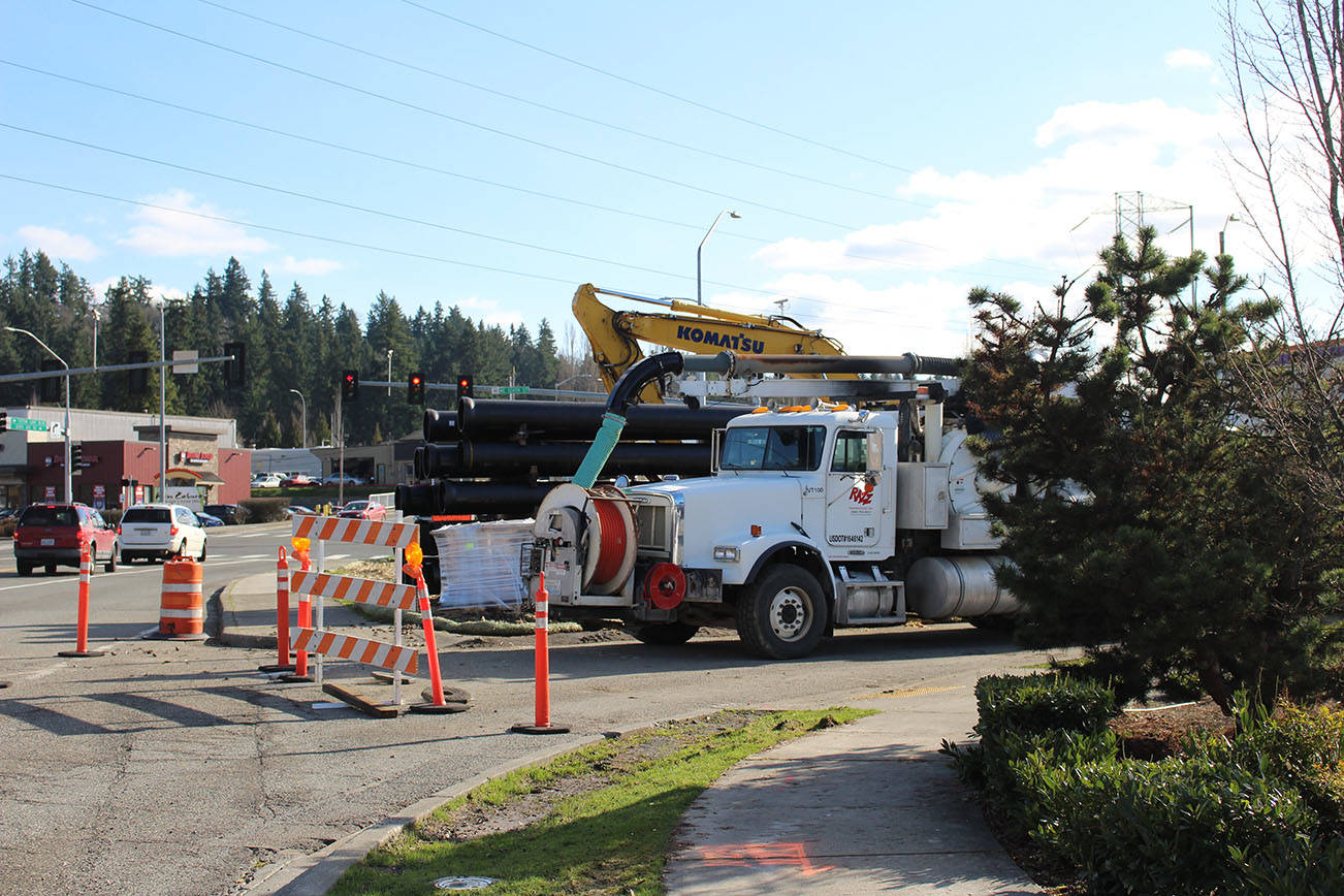 Construction at the intersection of Totem Lake Boulevard and NE 124th St. in Kirkland, WA, on Feb. 10, 2020. File photo