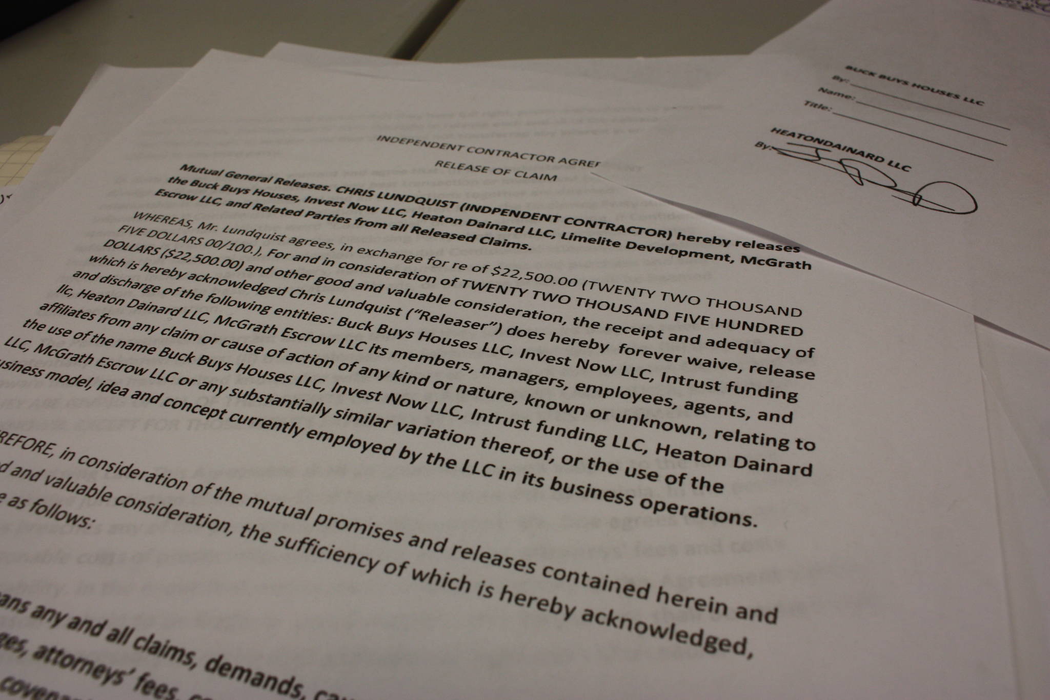 Release of claims contract signed after incident by James Dainard on behalf of Heaton-Dainard, LLC. (photo credit: Cameron Sheppard)