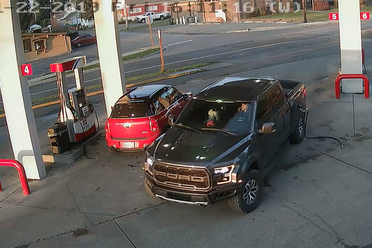 This 2019 security footage at the Cenex gas station in Black Diamond shows Anthony Chilcott on his phone before entering, and driving off with, Carl Sanders’ Ford Raptor and Monkey, his poodle, in the front seat. Courtesy photo