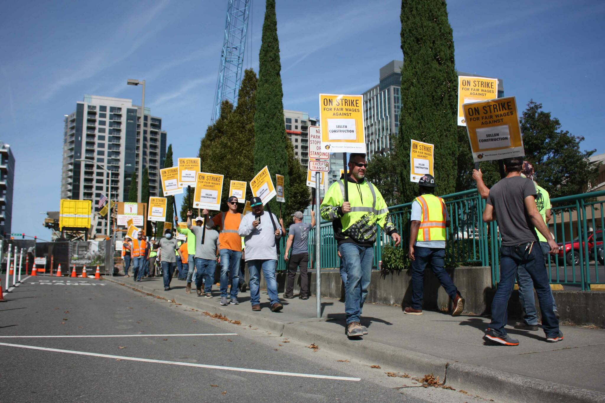 NW Carpenters Union members strike in downtown Bellevue on Sept. 16 (photo by Cameron Sheppard)