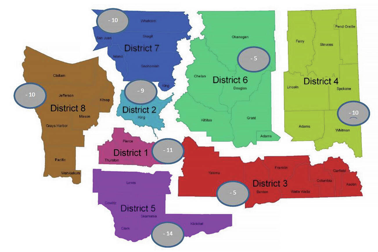 Geographic dispersion of Washington State Patrol commissioned personnel who lost their jobs Oct. 18. (Washington State Patrol)