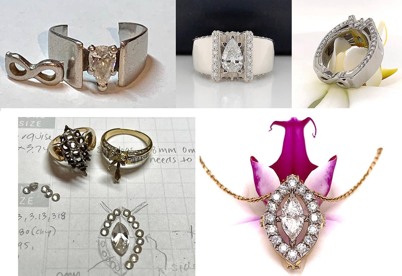 Top: After 20 years her ring needed a new life. Her husband designed the original and she loved the concept so Robin Callahan redesigned it, honouring the original. Bottom: Wedding and engagement rings converted into a sparkling necklace.