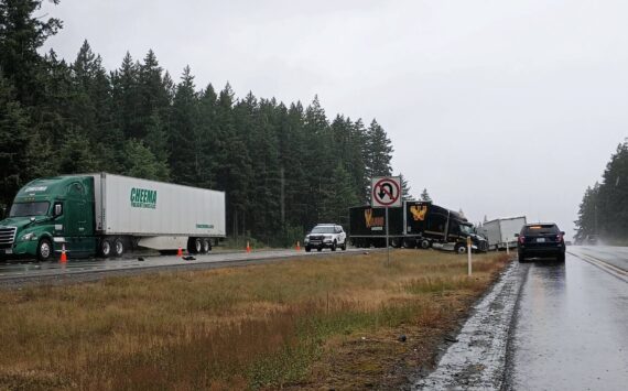 Westbound vehicles were able to move past the damaged semi-truck but traffic was backed up for almost five hours. Photo by Bailey Jo Josie/Sound Publishing.