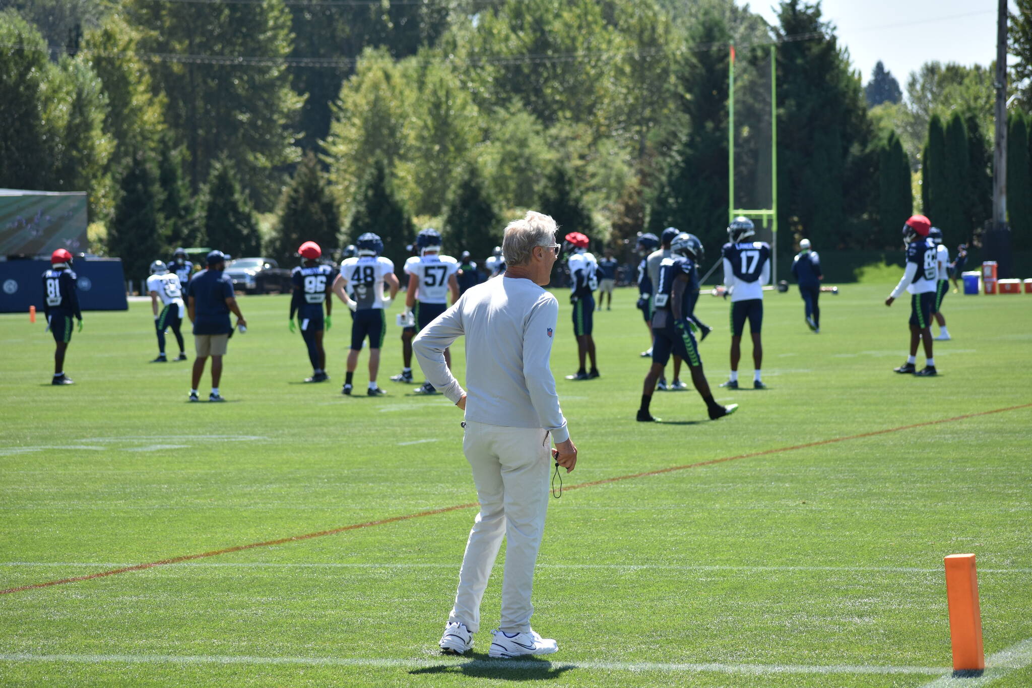 Seahawks Coach Pete Carroll looks on as the Hawks prepare for practice Aug. 1. (Photos by Ben Ray/Sound Publishing)
