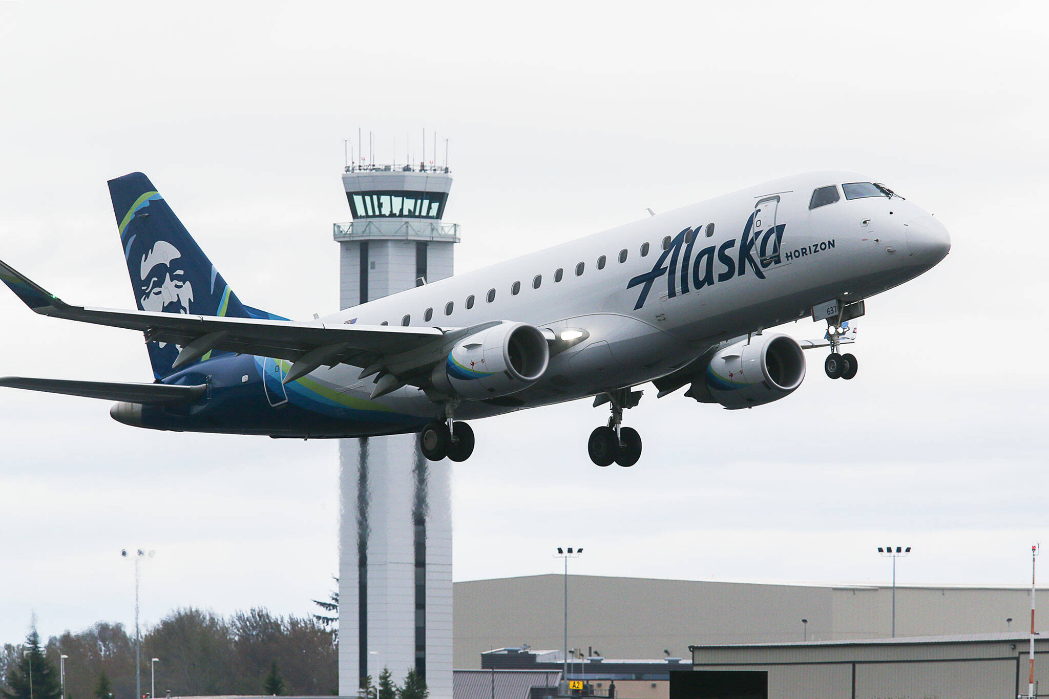 An Alaska Airlines plane takes off from Paine Field in Everett, Washington. (Andy Bronson / The Herald file)