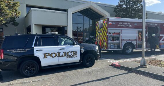 Renton police and fire and hazmat crews arrived at the scene of the King County Elections building at 919 Southwest Grady after receiving reports of an unknown substance delivered to the building. According to Sara Morris of the Renton Regional Fire Authority, an employee discovered white powder in a parcel. (Courtesy of the Renton Regional Fire Authority.)