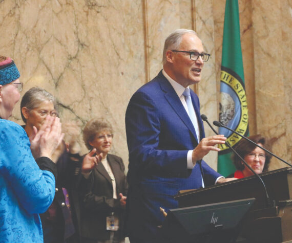 Photo by Aspen Anderson, WNPA Foundation
Entering his final year in office, Gov. Jay Inslee called for action on several fronts in his annual State of the State address to a joint session of the state Legislature.