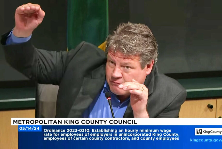<p>A screenshot of King County Councilmember Reagan Dunn speaking about a proposed amendment for the proposed $20 minimum wage ordinance. (Screenshot)</p>