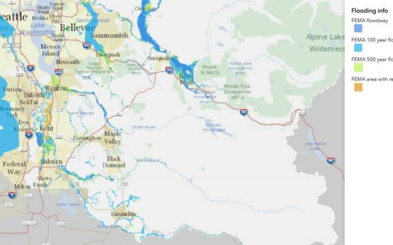 The King County flood map shows the different areas of South King County, indicated by blues and oranges, that are prone to flooding. Image courtesy of King County Flood Control.