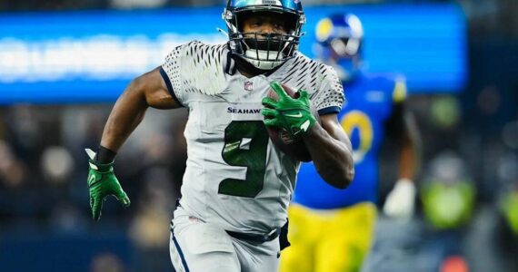 Seattle Seahawks running back Kenneth Walker III sprints toward the end zone against the Los Angeles Rams on Thursday, Dec. 18, at Lumen Field in Seattle. (Photo courtesy of the Seattle Seahawks)