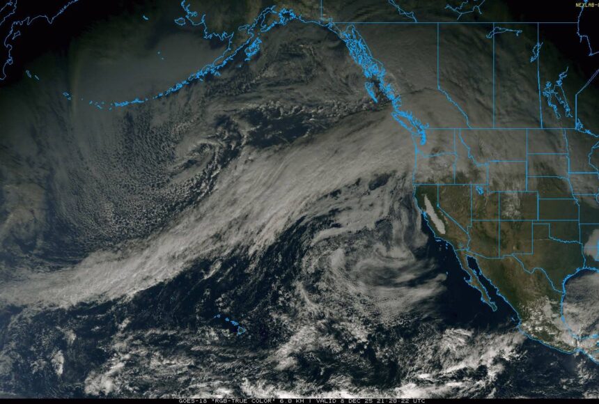 <p>On Dec. 8, 2025, the atmospheric river stretched thousands of miles from Guam to Washington before bringing moist subtropical air to the region for nearly a week. Photo from the National Oceanic and Atmospheric Administration&rsquo;s GOES-18 Satellite</p>
