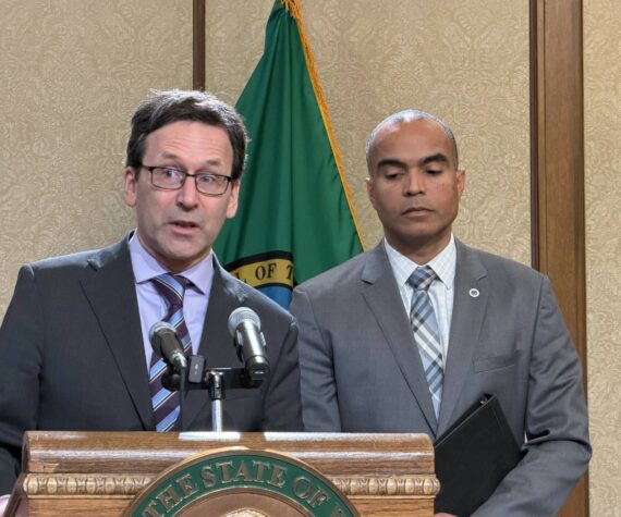 Gov. Bob Ferguson answers a question during a joint press conference with Attorney General Nick Brown Jan. 26. Photo by Cassie Diamond