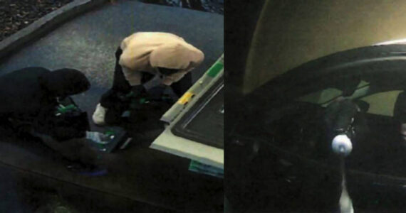 Left to right: The suspects pulling out cash cassettes and a suspect tampering with an ATM. Courtesy photos.