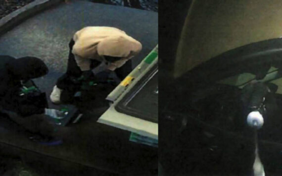 Left to right: The suspects pulling out cash cassettes and a suspect tampering with an ATM. Courtesy photos.