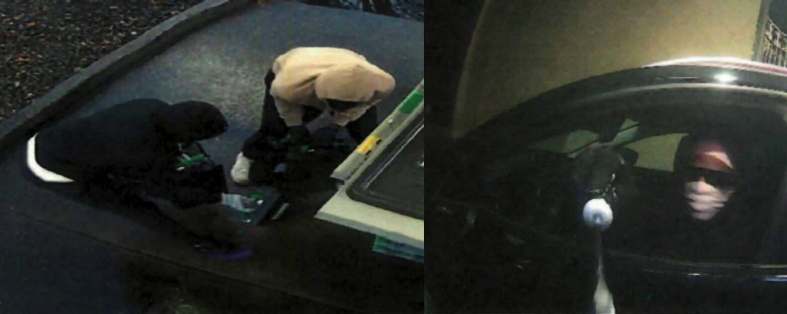 Left to right: The suspects pulling out cash cassettes and a suspect tampering with an ATM. Courtesy photos.