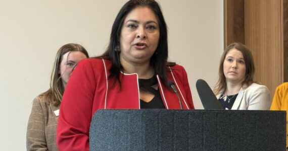 Sen. Manka Dhingra, D-Redmond, speaks during a press conference Feb. 13 about the states efforts to protect survivors. Photo by Cassie Diamond