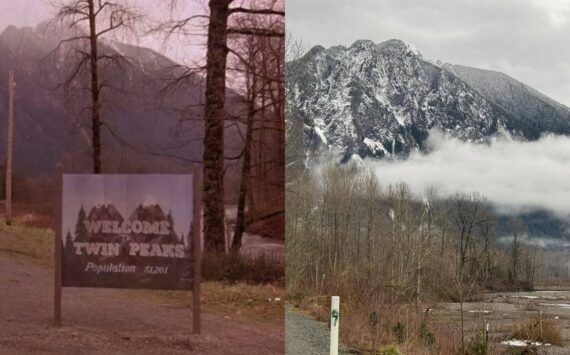 Grace Gorenflo / Valley Record
A then versus now comparison of the location of the Welcome to Twin Peaks sign from the shows opening credits. Left: A snapshot of Twin Peaks season 1, episode 1. Right: Mount Si from SE Reinig Road, Feb. 15, 2025.