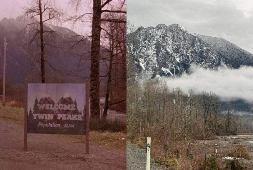 <p>Grace Gorenflo / Valley Record</p>
                                <p>A then versus now comparison of the location of the &ldquo;Welcome to Twin Peaks&rdquo; sign from the show&rsquo;s opening credits. Left: A snapshot of &ldquo;Twin Peaks&rdquo; season 1, episode 1. Right: Mount Si from SE Reinig Road, Feb. 15, 2025.</p>