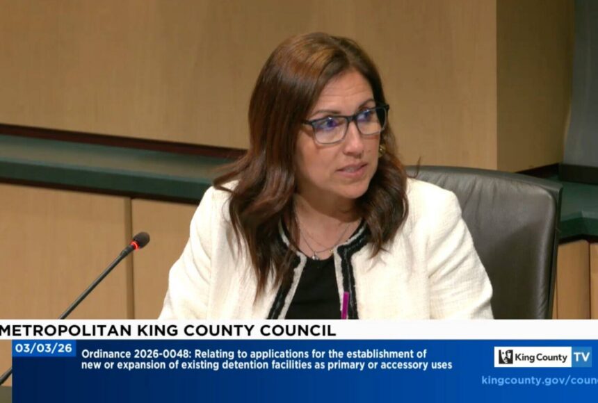 <p>King County Councilmember Teresa Mosqueda discusses the moratorium March 3. (Screenshot)</p>