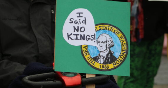 A sign from a No Kings protest in Renton in 2025. Photo by Bailey Jo Josie/Sound Publishing
