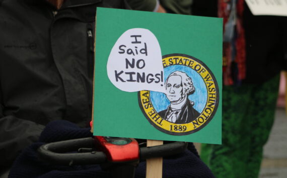A sign from a No Kings protest in Renton in 2025. Photo by Bailey Jo Josie/Sound Publishing