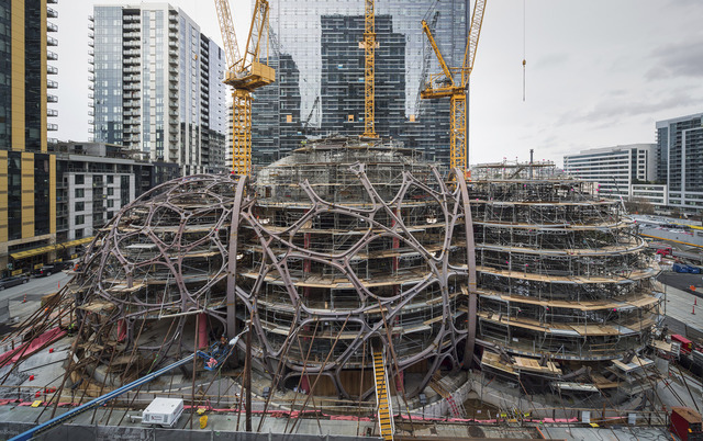 The under construction Amazon Spheres. Photo Courtesy NBBJ/Sean Airhart